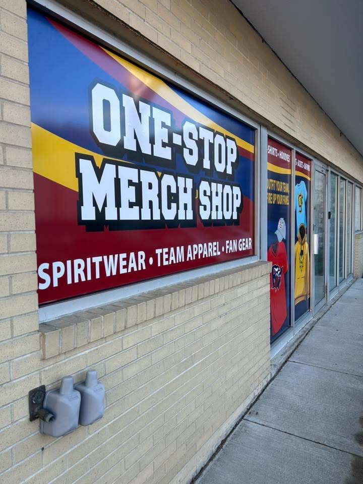 One-Stop Merch Shop window sign at T Shirts in 24